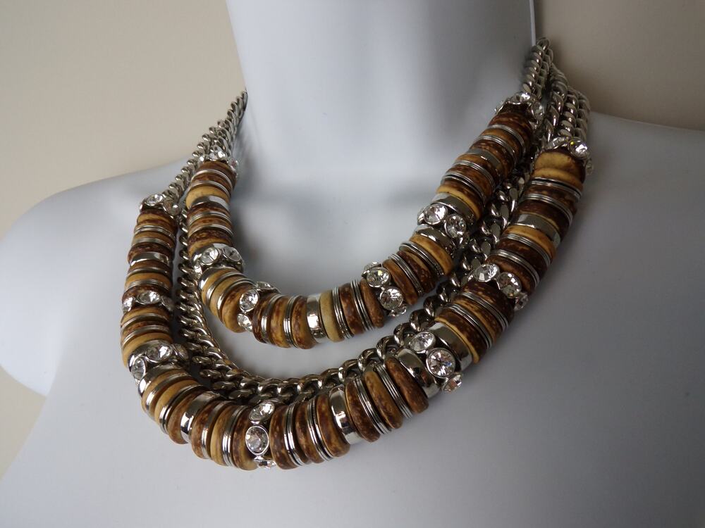 Givenchy Silver Crystal/Wood Chain Link Bead Layered Necklace